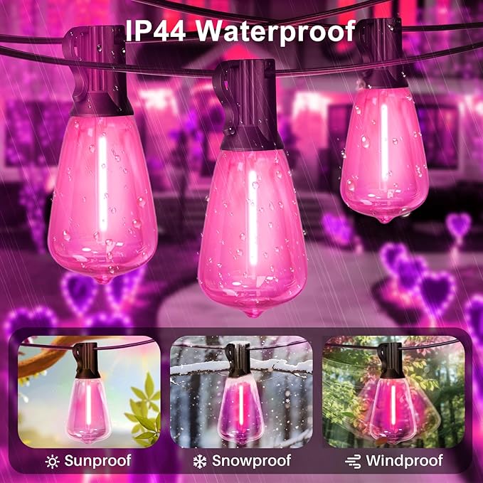 LAMPHOME 2-Pack 26Ft ST38 Pink Valentine's Day Patio Lights ，Outdoor String Lights with 12+1 ST38 Edison Bulbs | Lumora