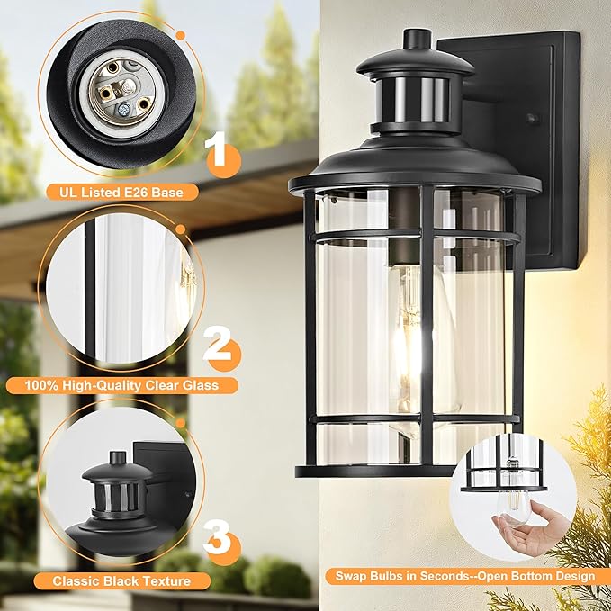 OKELI Motion Sensor Outdoor Wall Lights-Dusk to Dawn Porch Light,Black Outdoor Lights Fixture,3 Lighting Modes Waterproof Anti-Rust Outdoor Lights for House Porch Garage (2 Pack