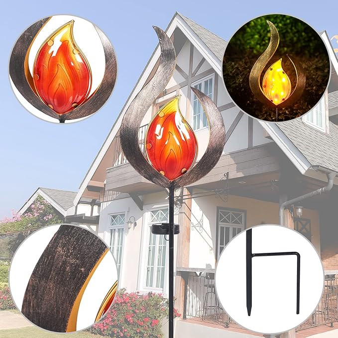 Adeco Solar Lights Outdoor Garden , 35.43 Inch Metal Stake Lights with Large Solar Panel,Waterproof LED Lights for Ground Patio Lawn Pathway Courtyard