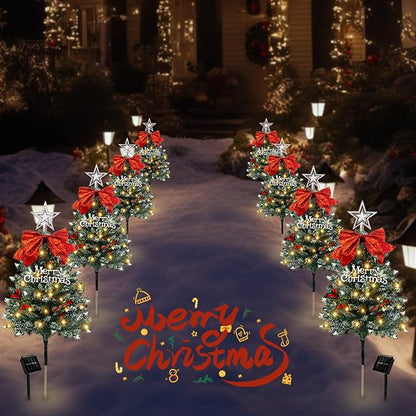 4 Pack Christmas Tree Solar Pathway Lights Outdoor Decorations, Waterproof Artificial Mini Xmas Tree Stake Lights with DIY Ornamets for Garden Yard Porch Decor (Snowy Tree)