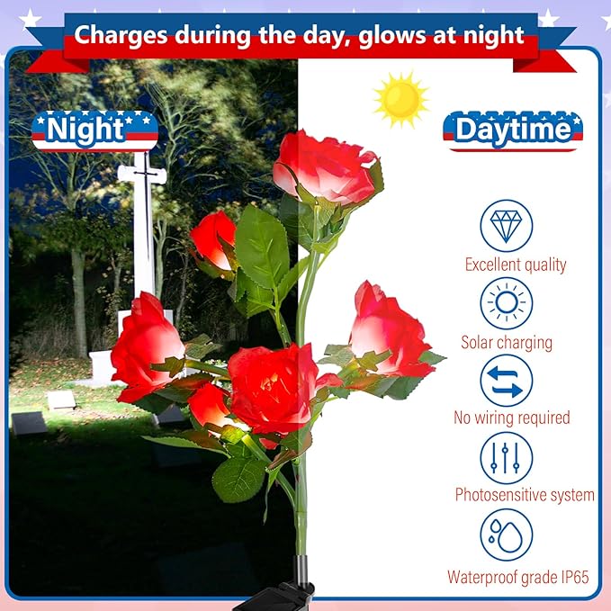 Woanger 4 Pcs Solar Flowers Cemetery Grave Decorations Outdoor LED Flower Lights with 6 Rose Powered Garden Stake Lights Waterproof for Independence Day 250 Anniversary USA Decorations(Red, White)
