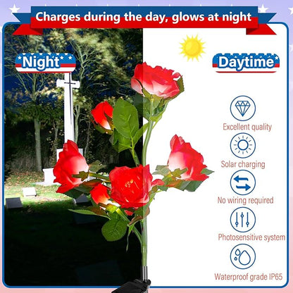 Woanger 4 Pcs Solar Flowers Cemetery Grave Decorations Outdoor LED Flower Lights with 6 Rose Powered Garden Stake Lights Waterproof for Independence Day 250 Anniversary USA Decorations(Red, White)