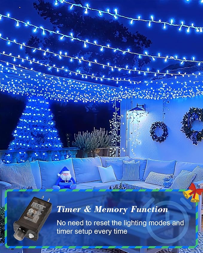125FT 380LED Blue Christmas Lights, Extra Long Outdoor String Lights Waterproof, Timer & Memory, 8 Modes Dimmable | Lumora
