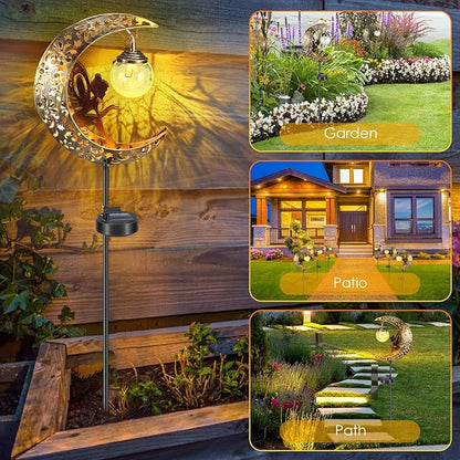 Solar Garden Lights Waterproof Warm White LED Metal Decorative Lights Moon Fairy Crackle Glass Stake Outdoor Pathway Solar Powered Garden Decorations for Walkway Lawn Patio Yard