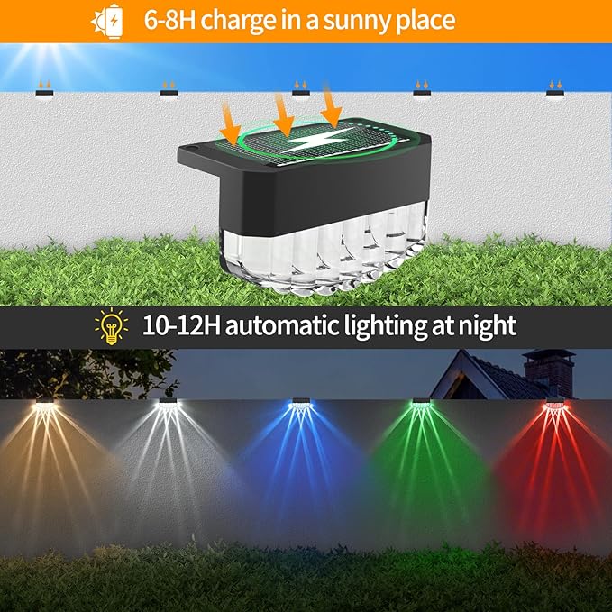 Solar Fence Lights Outdoor,12 Pack Solar Deck Lights,8 Fixed Colors ＆ Color Changing Modern Solar Powered,Waterproof LED for Step Stair Patio Backyard Porch Railing Halloween Christmas