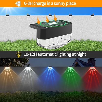 Solar Fence Lights Outdoor,12 Pack Solar Deck Lights,8 Fixed Colors ＆ Color Changing Modern Solar Powered,Waterproof LED for Step Stair Patio Backyard Porch Railing Halloween Christmas