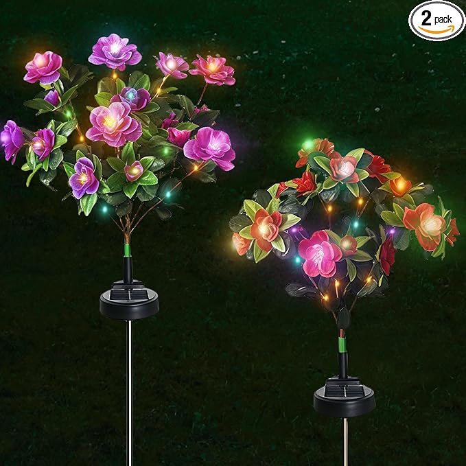 Solar Lights Outdoor,2 Pack Blooming Azalea Flowers Decorations,Outdoor Waterproof Landscape Lights for Yard Patio Lawn Garden Decor,Gifts for Women Mother's Day