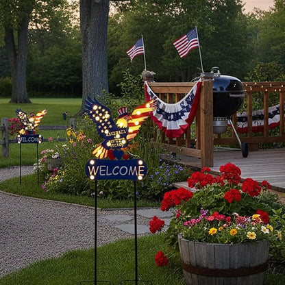 Solar Garden Lights Outdoor Patriotic Decor Eagle Garden Stakes with 17 String Light Bulbs and Welcome Sign for Yard, Fourth of July Decorations for Memorial Day Solar Landscape Lights 46"