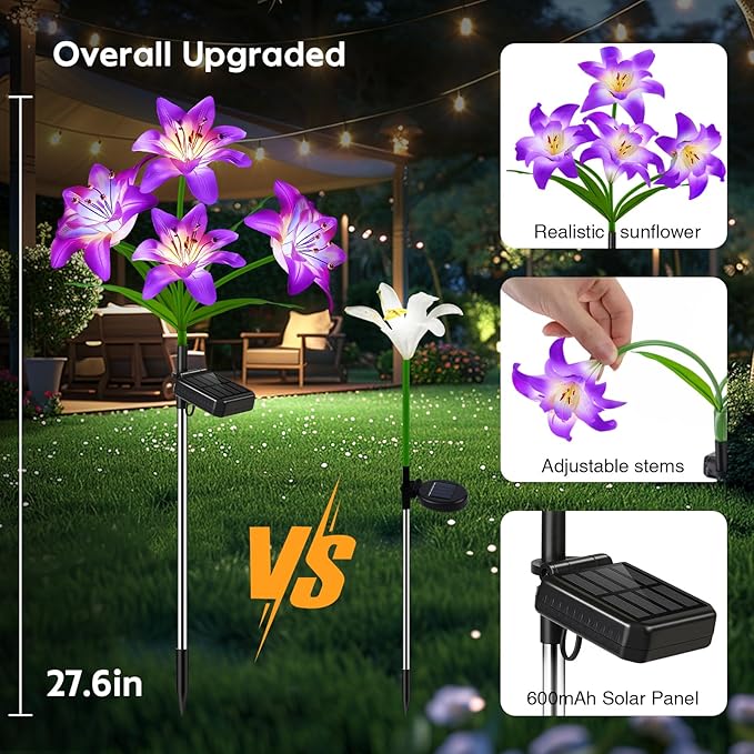 4 Pack Solar Flowers Lights Outdoor Waterproof with Lily, Yard Decorations Outdoor Garden Decor, Solar Garden Lights Outdoor Decor
