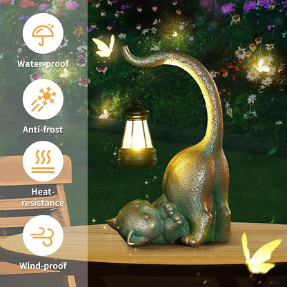 Solar Cat Garden Statue Outside Decor with Lantern for Yard Art Lawn Ornaments Porch Patio Balcony Housewarming Gifts Birthday Gift for Grandma Mom Women Sister Lover
