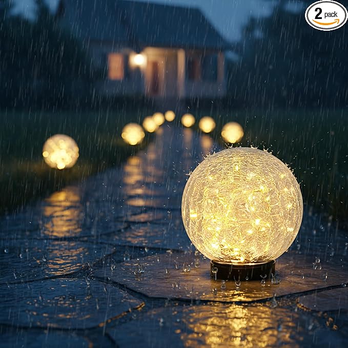 HOTEAGLE Solar Globe Lights Outdoor Waterproof-Large 2-Pack Solar Balls Lights for Outside Garden-Cracked Glass Ball Outdoor Solar Lights-Solar Orbs for Garden Patio & Lawn Backyard Decor