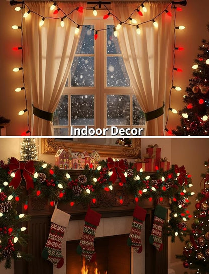 C7 LED Christmas Lights,25ft Red and White Outdoor String Lights with 27 Ceramic Bulbs(2 Spare), Plug-in Vintage Commercial Christmas Lights String for Outside Roofline Patio Holiday Decor