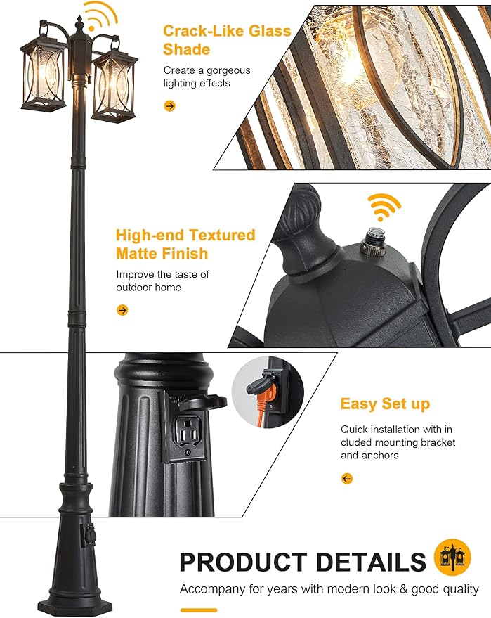 Dusk to Dawn Outdoor Lamp Post Light Modern 2-Head Street Pole Light Fixtures with Outlet, Waterproof Black Outside | Lumora