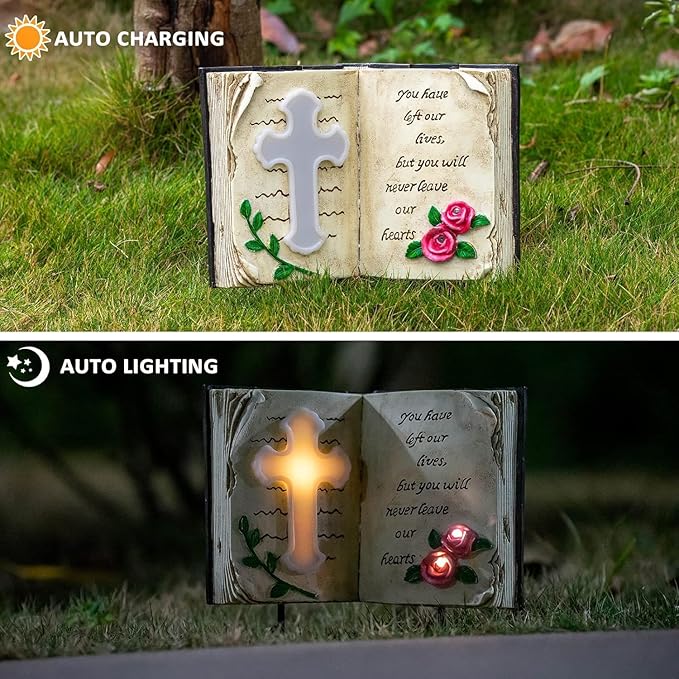 Outdoor Solar Memorial Cross Stakes Lights, Waterproof Book Statue Grave Decorations Sympathy Gifts for Cemetery | Lumora