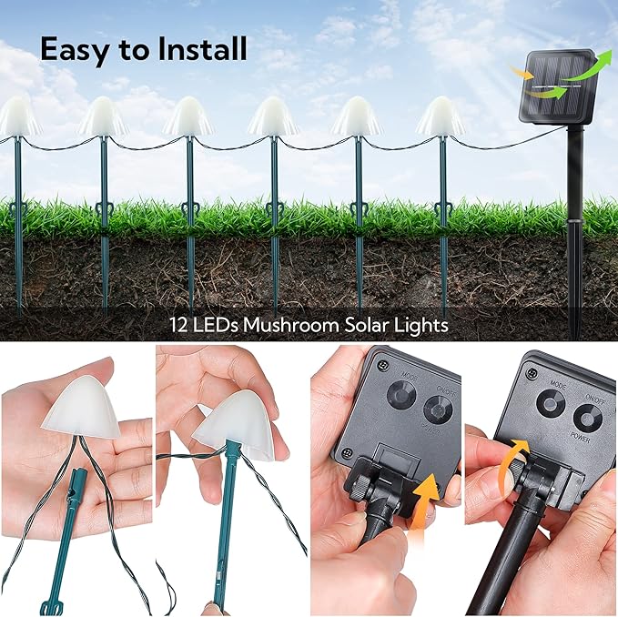 Set of 12pcs Mushroom Solar Garden Lights,2 Modes 14.5ft Solar Powered Mushroom Night String Lights Waterproof for Outdoor Pathway Garden Lawn Party Christmas Decor (Multicolor)