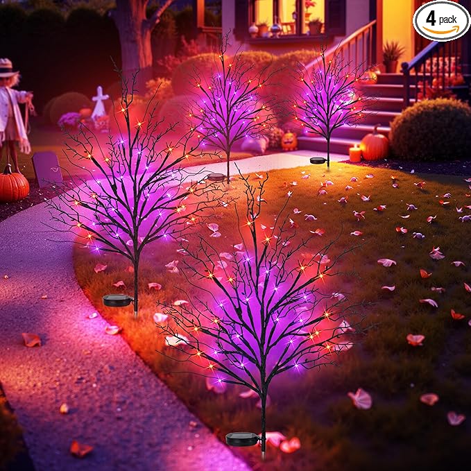 Halloween Solar Pathway Lights 4PCS, Halloween Outdoor Decorations, Artificial Tree Waterproof LED Lights for Lawn Yard Garden Driveway Porch Walkway, Auto On/Off
