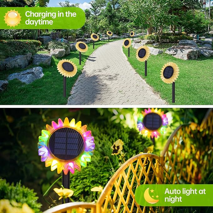 HUYIENO Solar Lights Outdoor Garden Decor Sunflower Waterproof Pathway Fence Lighting Ground/Wall Mounting 2 in 1 for Garden,Patio,Yard Decoration
