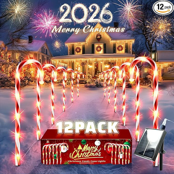 Solar Christmas Decorations Outdoor: 12 Pack Red Candy Cane Pathway Lights - 21" Waterproof LED 8 Blinking Models | Lumora