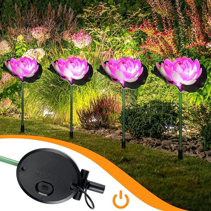 4 Pcs Solar Diwali Decoration Outdoor Diwali Lotus Lamp Decorations Solar Pathway Lights LED Waterproof Lotus Lights with Water Lily Outdoor Decor Garden Indian Temples Pooja Gifts