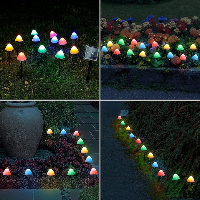 Set of 12pcs Mushroom Solar Garden Lights,2 Modes 14.5ft Solar Powered Mushroom Night String Lights Waterproof for Outdoor Pathway Garden Lawn Party Christmas Decor (Multicolor)
