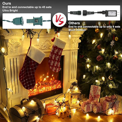 Brizled Warm White Christmas Lights - 33ft, 50 LED C9 Connectable Indoor/Outdoor Xmas String Lights, UL Certified for Holiday House, Roof, Yard, Garden, Porch and Party