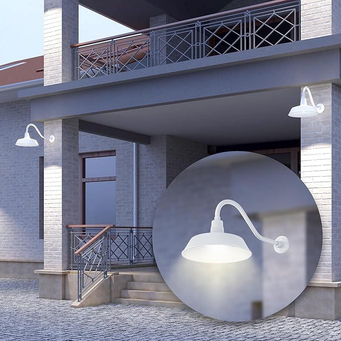 14in. White Outdoor Gooseneck Barn Light Fixture With 22in. Long Extension Arm - Wall Sconce Farmhouse, Vintage | Lumora
