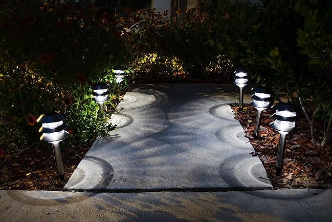 Morvat LED Auto Solar Powered Outdoor Path Lights with Stainless Steel & Watertight Lens for Garden Yard & Pathway, Bright Waterproof Landscape & Patio Lighting, Dusk to Dawn, White Light, 6 Pack