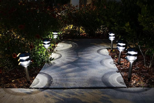 Morvat LED Auto Solar Powered Outdoor Path Lights with Stainless Steel & Watertight Lens for Garden Yard & Pathway, Bright Waterproof Landscape & Patio Lighting, Dusk to Dawn, White Light, 6 Pack