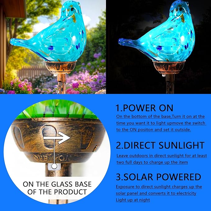Solar Bird Garden Stake Lights - Hand Blown Glass Decorative Garden Pathway Lights Outdoor Waterproof Bird Glass Stakes (Light Blue)