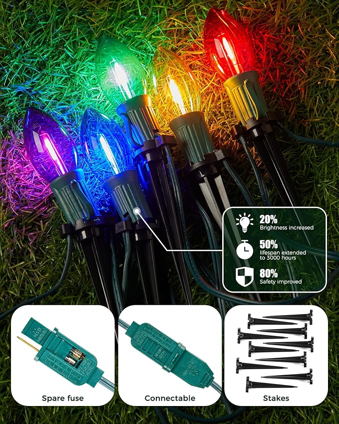 C9 Christmas String Lights Outdoor - 25.7 Feet 20 LED Christmas Pathway Lights with 20 Stakes Connectable | Lumora