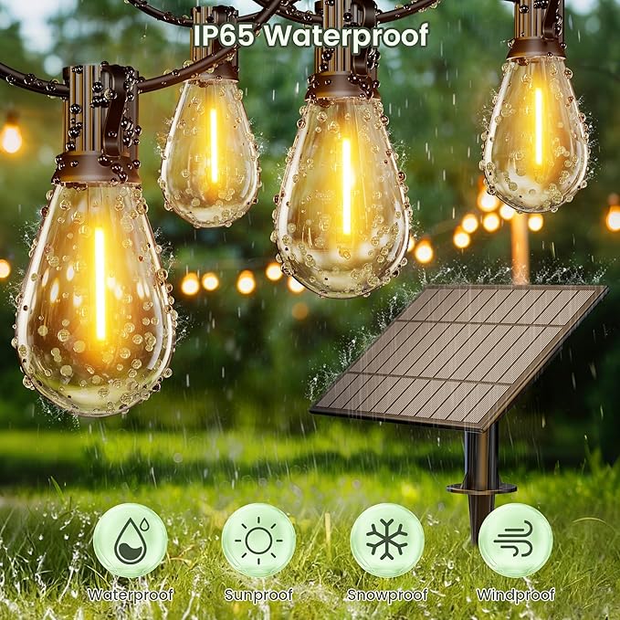 150FT Solar String Lights Outdoor with Remote, USB, Timer & 62 Shatterproof Bulbs, 2200K Soft Warm White, Dimmable | Lumora
