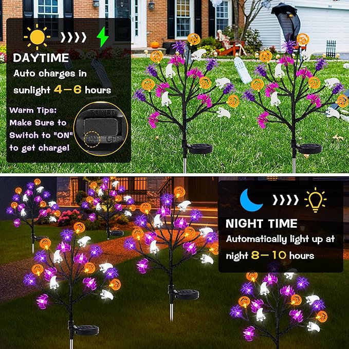 Halloween Decorations Outdoor Solar Lights, 2 Pack Halloween Lights Outdoor Solar Lights Waterproof with 20 LED Ghosts Bats Spiders Pumpkin Light, 8 Modes Solar Pathway Lights for Halloween's Decor