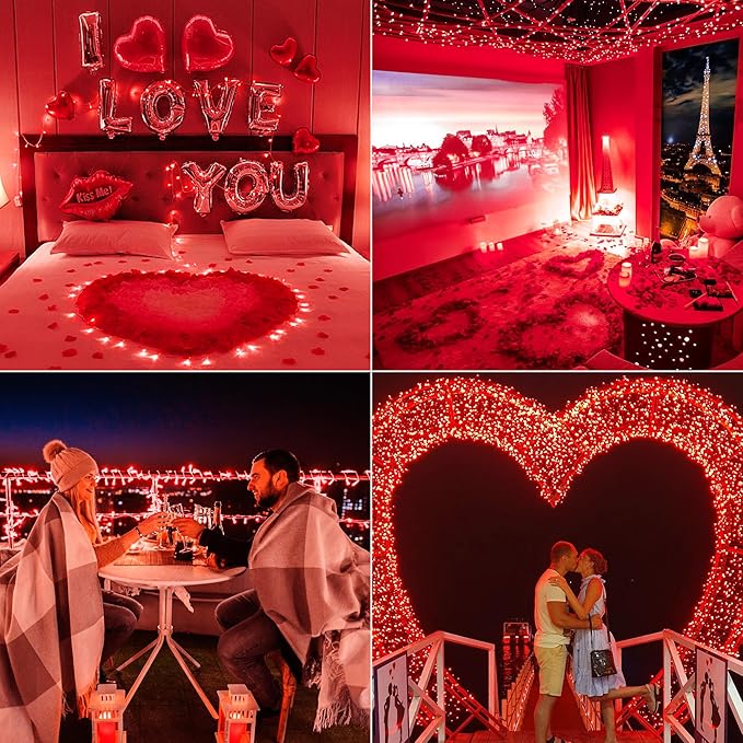 33FT 100 LED Red Valentine Lights, Connectable Red Christmas String Light Waterproof,8 Modes Clear Wire Twinkle Lights Outdoor Plug in for Valentine's Day, Wedding, Party, Christmas Decoration