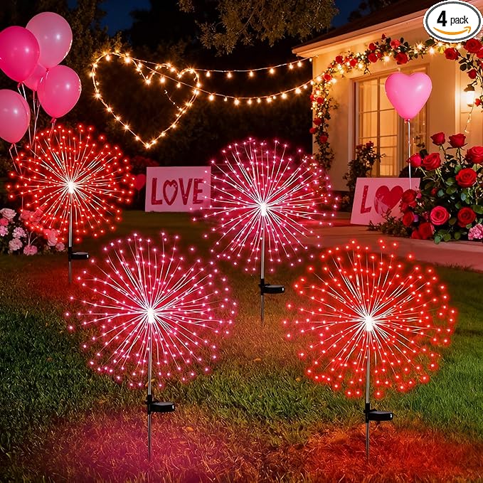 4 Pack Valentines Day Solar Firework Lights 180 LED 8 Lighting Modes Waterproof Solar Lamps Decorative Garden Stake Lights for Valentines Wedding Party Pathway Patio Decor