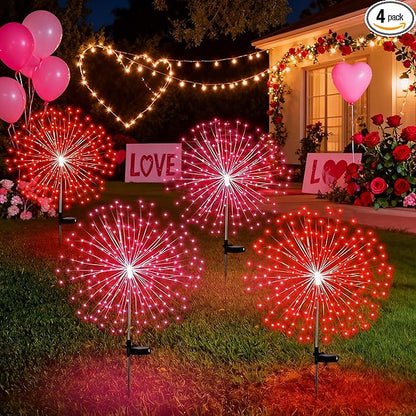 4 Pack Valentines Day Solar Firework Lights 180 LED 8 Lighting Modes Waterproof Solar Lamps Decorative Garden Stake Lights for Valentines Wedding Party Pathway Patio Decor