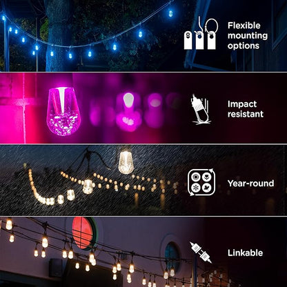 Enbrighten LED Wi-Fi Smart Vintage Café Lights, 48ft, Multicolored/White, Patio, Backyard, Deck, Porch, Outdoor Lighting, Various Color Options, Smart Control, Bluetooth, Vintage Bulbs, 57415