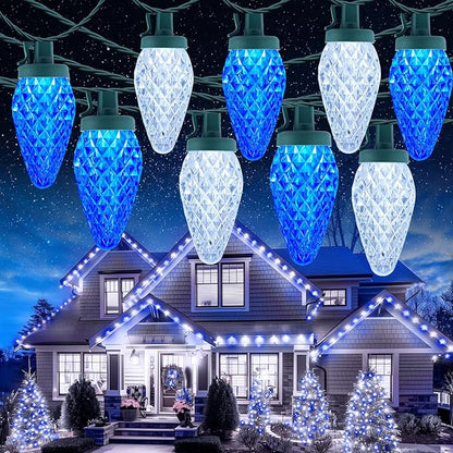 C9 Christmas Lights Outdoor Waterproof, 114 Feet 150 LED C9 String Light with Timer & 8 Light Modes, Connectable Christmas Tree Lights for House Outside Roofline Indoor Decoration, Blue & Pure White