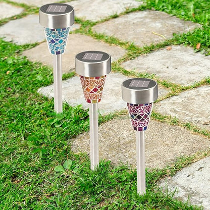 Solar Powered Mosaic Garden/Lawn/Path Rechargeable LED Lights (Stainless Steel, Landscape Lights for Outdoors, 4 Lights/Box, Solar Powered Self Efficient) - 18 Lights/3 Pack
