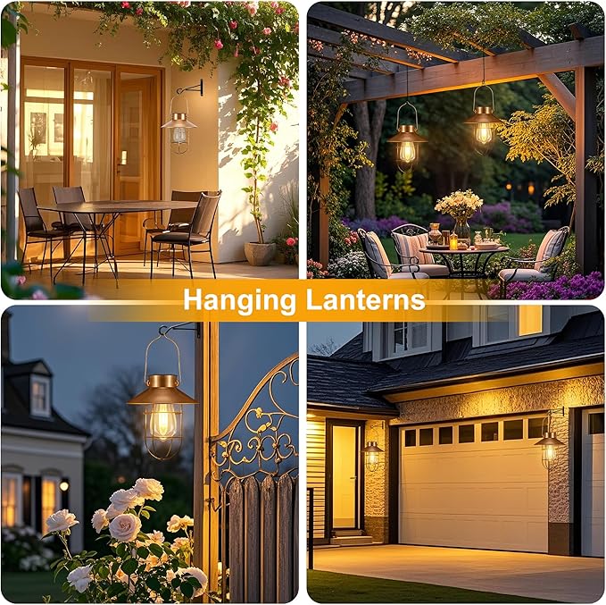 pearlstar 2 Pack Solar Lights Outdoor, Hanging Solar Lanterns with Edison Bulb and 2 x 32 Inch Shepherd Hooks | Lumora
