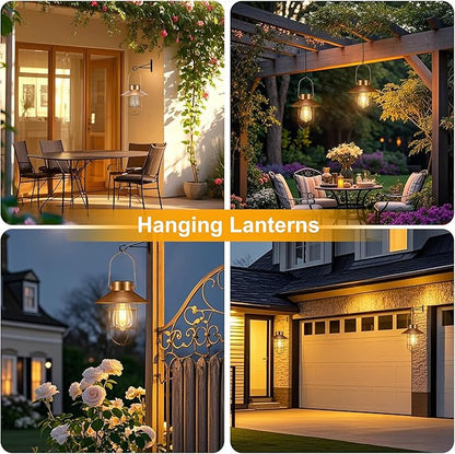 pearlstar 2 Pack Solar Lights Outdoor, Hanging Solar Lanterns with Edison Bulb and 2 x 32 Inch Shepherd Hooks, Waterproof Landscape Lighting for Garden Patio Yard Pathway Driveway Lawn (Copper)