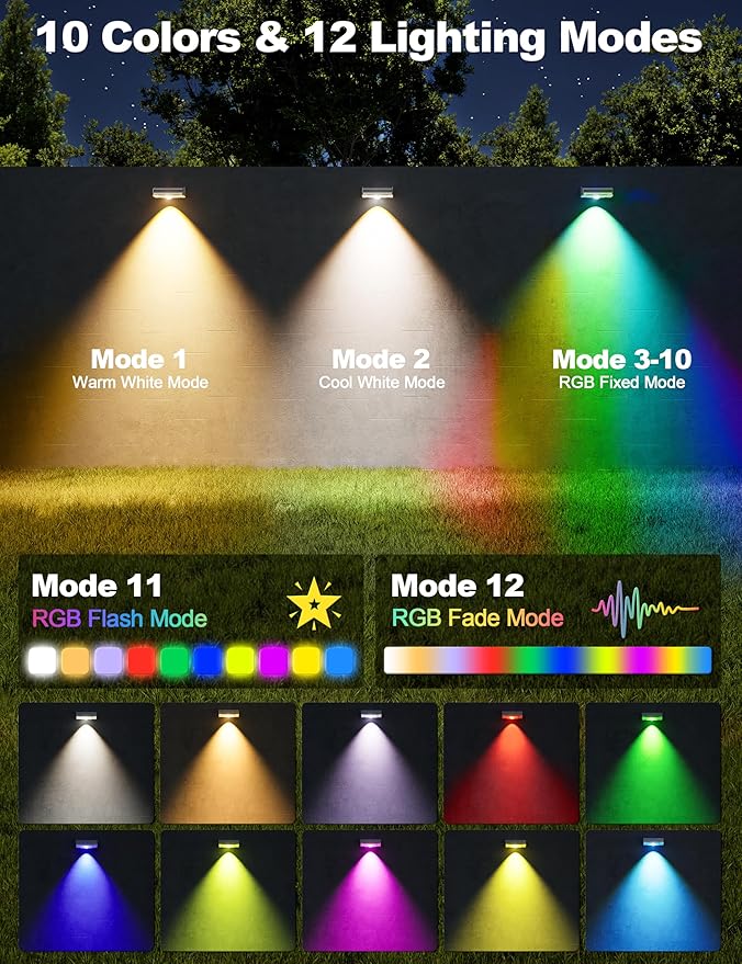 APONUO Solar Fence Lights Outdoor Waterproof, Fence Lights Solar Powered, 12 RGB Color Modes & Warm White & Cool White, Fence Solar Light Outdoor for Backyard, Patio, Yard, Wall, Deck（Black, 8 Pack）