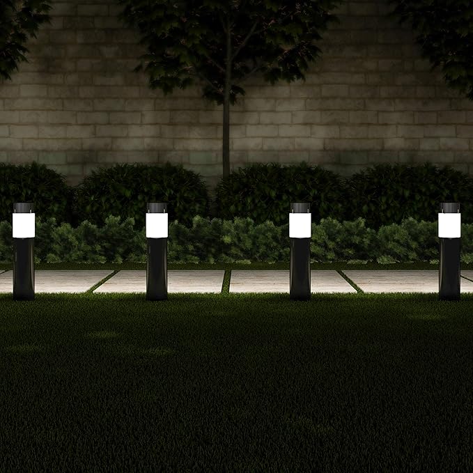 Solar Path Bollard Lights, Set of 6-15” Stainless Steel Outdoor Stake Lighting for Garden, Landscape, Yard, Driveway, Walkway by Pure Garden (Black) (White Lights)