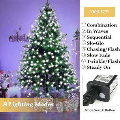 Tcamp 306FT 1000 LED White Christmas Lights, 8 Modes Christmas Tree Lights with Timer Memory Function, Green Wire Starry Fairy String Light for Xmas Tree Outdoor Indoor Decor