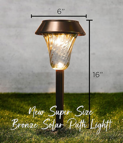 2 Pack Super Size 6" Diameter Bronze Solar Path Light with Large Solar Panel, Glass Lens, Metal Ground Stake, and Extra-Bright LED for Garden, Lawn, Patio, Walkway, Driveway