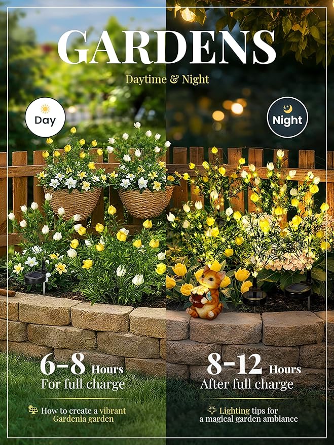 GIGALUMI Solar Garden Lights with Gardenias, LED Garden Decor Carefree Solar Flowers Outdoor Waterproof, Yard Decorations Outdoor, Allergy-Free, Everlasting Light up Flowers for Yard Patio (Set of 2)