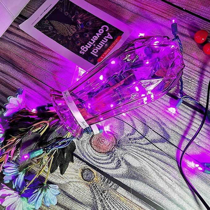 Purple Christmas String Light 50 LED Halloween Light, 120V UL, Plug in 5mm Xmas Light Set 17ft Green Wire Connectable for Outdoor and Indoor Patio Xmas Tree Wedding Party Decor