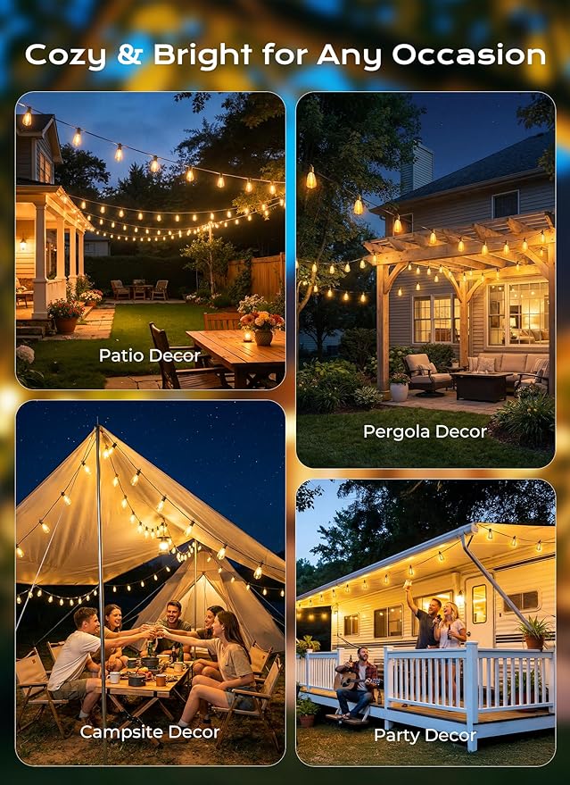 Brightown 108FT Solar String Lights Outdoor Waterproof, Patio Lights with Remote and 50+2 LED Shatterproof Bulbs, Dimmable & Timable, 3 Light Modes, Solar Lights Outdoor for Yard Camping Party Outside
