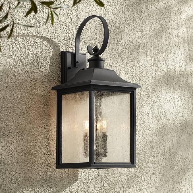 John Timberland Moray Bay Industrial Outdoor Wall Light Fixture Black Metal 24" Clear Seedy Glass Lantern Scroll Arm for Exterior House Porch Patio Outside Deck Garage Front Door Garden Home