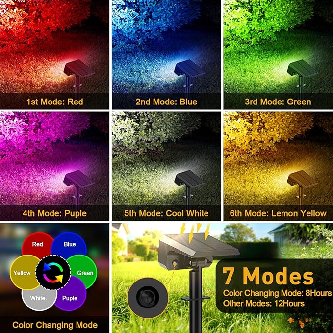 Solar Color Changing Spot Lights Outdoor Waterproof IP65, [12 Pack/32 LED/7 Modes] 2-in-1 Landscape Spotlights | Lumora