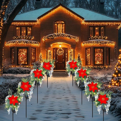 Solar Christmas Lights Outdoor Decorations, Angel Wings Garden Stake Lights Waterproof with Poinsettia Decor for Pathway, Patio, Yard, Lawn